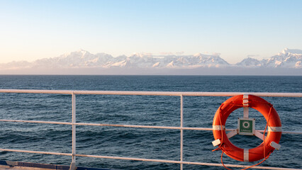 lifebuoy at travel cruise with landscape, copy space. photo of lifebuoy at travel cruise. © be free