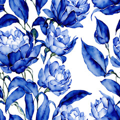 Blue Watercolor Seamless Flowers, Floral Porcelain, Blooms