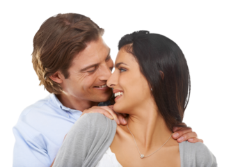 Couple, smile and love with happy and relax bonding isolated on a transparent, png background. Interracial, romance and man hugging woman for valentines day, embrace or sweet relationship moment