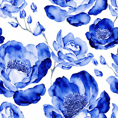 Blue Watercolor Seamless Flowers, Floral Porcelain, Blooms