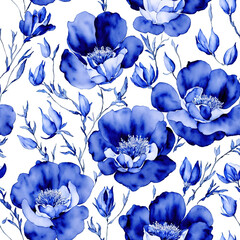 Blue Watercolor Seamless Flowers, Floral Porcelain, Blooms