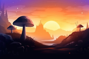 Fototapeta na wymiar Fantasy landscape with giant mushrooms, background banner