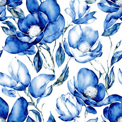 Blue Watercolor Seamless Flowers, Floral Porcelain, Blooms