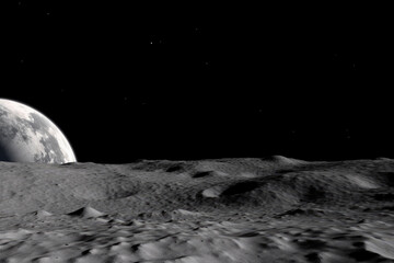 Moon surface, crater in lunar landscape, background banner format