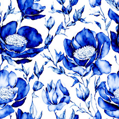 Blue Watercolor Seamless Flowers, Floral Porcelain, Blooms