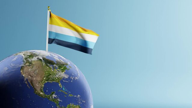Waving aroace (aromantic asexual) pride flag against blue background; 3D render