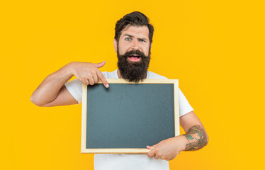 announcement man with offer on background, pointing finger. announcement man with offer
