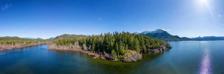 Fototapeta na wymiar Aerial Panoramic View of Canadian Mountain Landscape and Lake. Taken in Vancouver Island, British Columbia, Canada. Nature Background Panorama