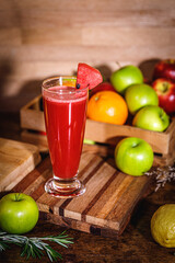 watermelon fresh juice in glass. freshly squeezed juice, fruit and vegetable smoothies.