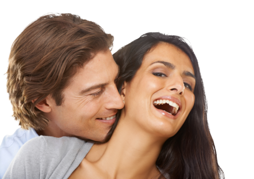 Happy, romance and portrait of playful couple with smile on isolated, png and transparent background. Relationship, marriage and face of man and woman hugging, embrace and intimate for valentines day