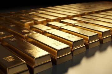 Stack of shiny gold bars . World gold reserve concept. Generative AI - obrazy, fototapety, plakaty