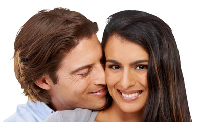 Happy, love and portrait of woman and man with smile on isolated, png and transparent background. Relationship, marriage and face of couple hugging, embrace and together for valentines day romance