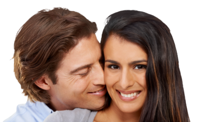 Happy, love and portrait of woman and man with smile on isolated, png and transparent background. Relationship, marriage and face of couple hugging, embrace and together for valentines day romance