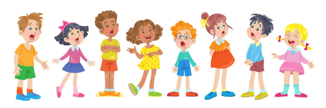 Group of funny children of different nationalities sing a song. Four little girls and four boys stand together. In cartoon style. Isolated on white background. Vector flat illustration.