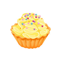 Cupcake with whipped lemon cream and colorful sprinkles isolated on white background. Vector cartoon illustration of sweet dessert.