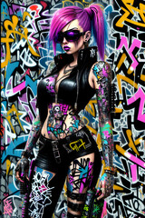 AI generated cyberpunk graffiti illustration of girl, wearing sunglasses with futuristic neon background and abstract random tattoos.