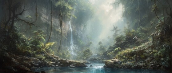 Naklejka na ściany i meble Cascading waterfalls in lush green unexplored jungle, expedition to find spectacular unspoiled natural beauty, crystal clear flowing rivers, tropical vegetation - generative AI 