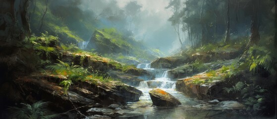 Naklejka na ściany i meble Cascading waterfalls in lush green unexplored jungle, expedition to find spectacular unspoiled natural beauty, crystal clear flowing rivers, tropical vegetation - generative AI 
