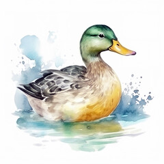 duck on the water , watercolor illustration , farm animal,  generative ai 