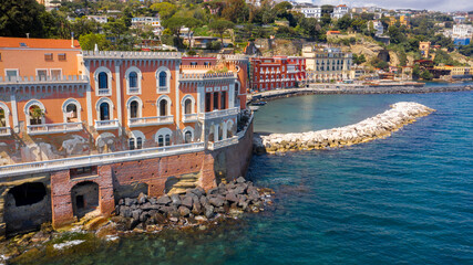 Aerial view of Villa Volpicelli which is located in the Posillipo district in Naples, Italy. It is...