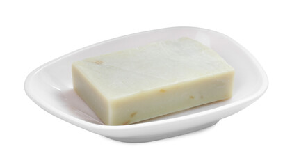 Holder with soap bar on white background