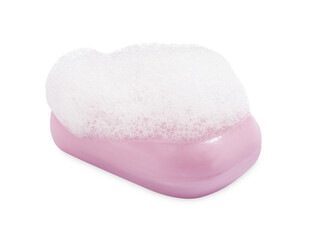 Soap bar with fluffy foam on white background