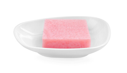 Holder with soap bar on white background