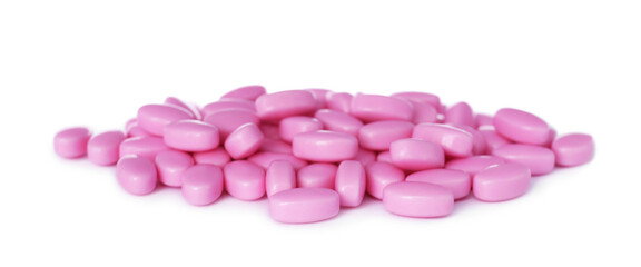 Obraz na płótnie Canvas Tasty pink dragee candies on white background