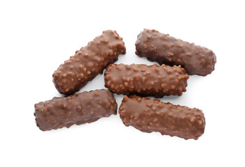 Tasty chocolate bars isolated on white, top view