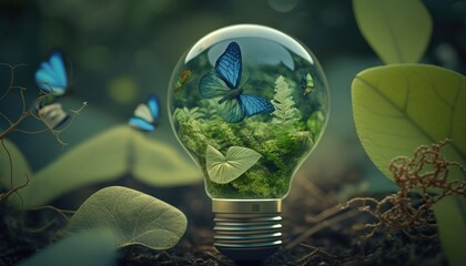 Green energy banner concept. Light bulb with moss, grean leaves and blue butterflies. Green eco friendly lightbulb, green energy.