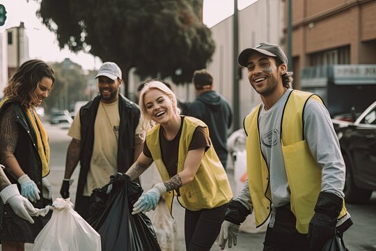 Small group of volunteers cleaning the streets in California.