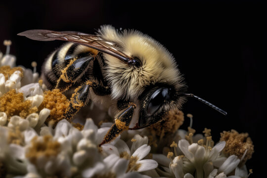 Detailed macro image of a bumblbee collecting nectar from a blossom generative ai. Bumblee on a flower