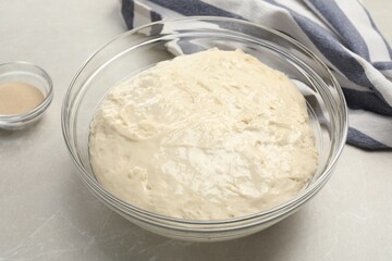 Fresh dough for cake and dry yeast on marble table