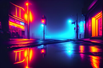 Dark street reflection on wet asphalt, Neon light rays in the dark, dark background - generative ai
