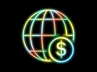 Globe Icon In Neon Style with dollar sign