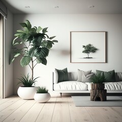 Render of a white living room with green plants - ai art
