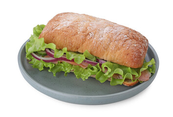 Delicious sandwich with fresh vegetables and salmon on white marble table