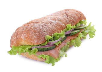 Delicious sandwich with fresh vegetables and salmon isolated on white