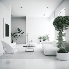 Render of a white living room with green plants - ai art