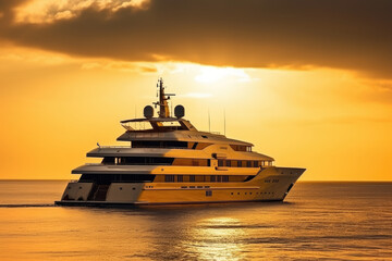 Fototapeta na wymiar A luxury mega yacht with golden glass in the ocean at a sunset