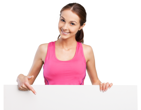 Sport fitness woman hold blank board  isolated over white background