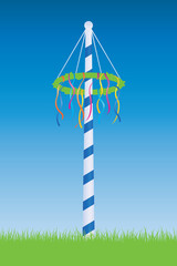 maypole with colorful ribbons on blue sky background - obrazy, fototapety, plakaty