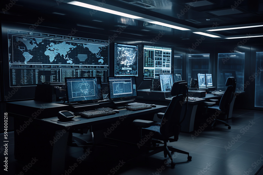 Poster security room with computers and monitors on the wall. generative ai