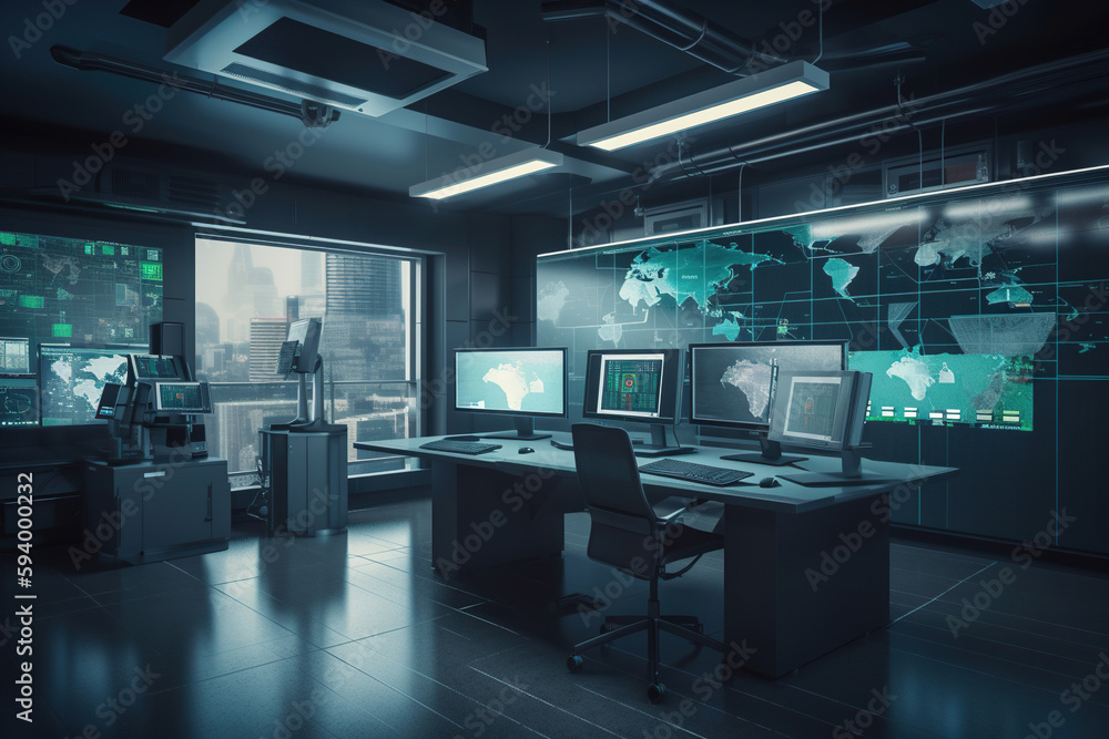 Poster generative ai of a modern office interior with computers and world map