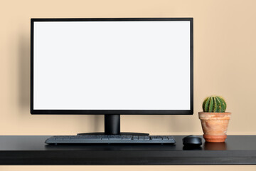 Modern neutral office with empty computer desktop mockup for display your graphic design