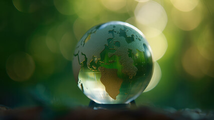 Green Glass Globe with Continents on blurred Natural Background. Happy world earth day concept. Generative AI	
