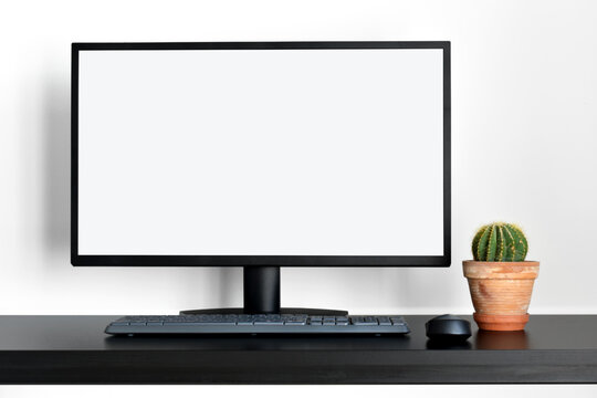 Modern white office with empty computer desktop mockup for display your graphic design