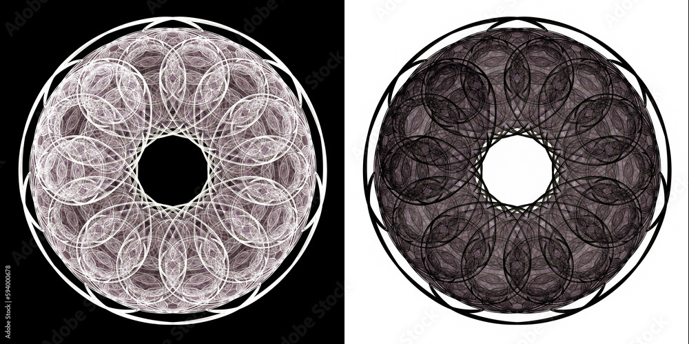 Poster rounded lines are inscribed in the circles, creating interesting patterns. monochrome ornament on wh
