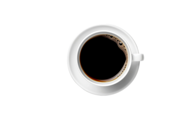 White ceramic coffee cup / mug with steam rising from hot black coffee, isolated on white background, design element for cafe or coffee shop, top view / flat lay photography style