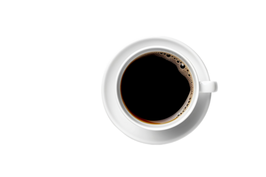 White ceramic coffee cup / mug with steam rising from hot black coffee, isolated on white background, design element for cafe or coffee shop, top view / flat lay photography style